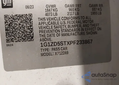 2023 Chevrolet Malibu Fwd 1Lt z USA, uszkodzony, nr VIN 1G1ZD5STXPF233867